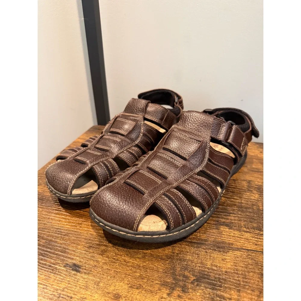 Dockers Mens Dark Brown Leather Fisherman Sandals Adjustable Straps Size 12M